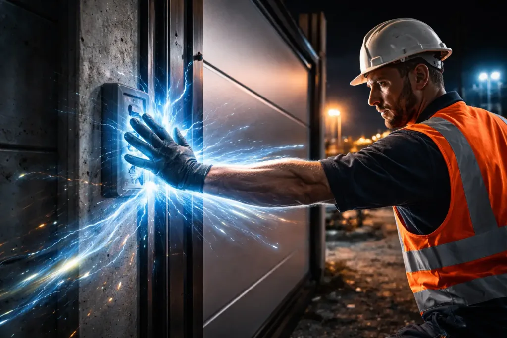worker controlling gate installation at night