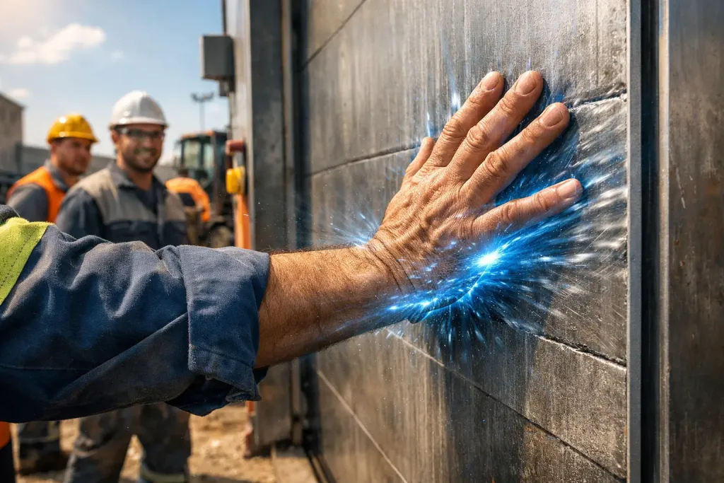 team stabilizing industrial gate installation