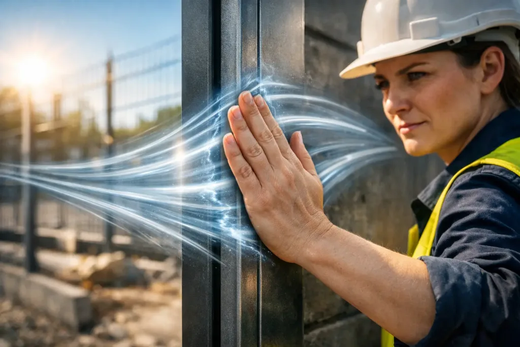 foreman aligning gate frame with energy
