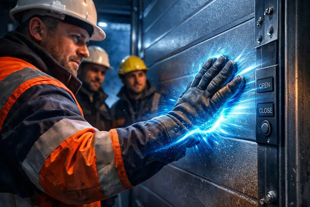 workers aligning industrial gate at night
