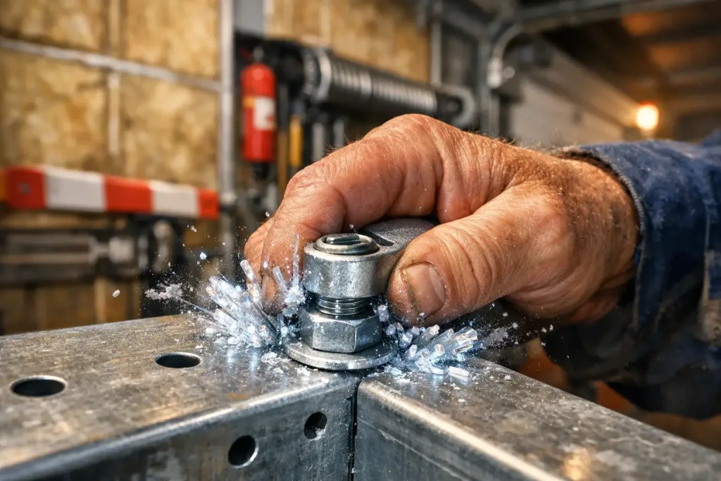 worker tightening metal profile with energy