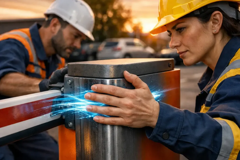 team aligning parking barrier with energy