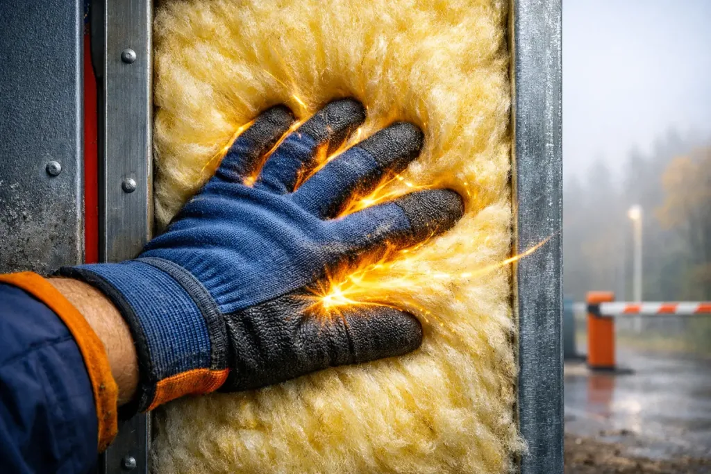 worker adjusting wall insulation with energy